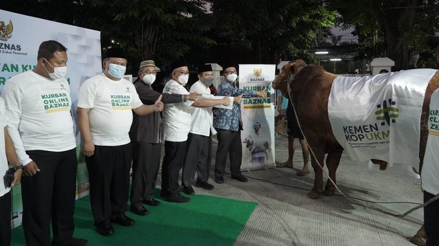 Kementerian Koperasi dan UKM serahkan hewan kurban melalui Badan Amil Zakat Nasional (Baznas) di Kantor Baznas, Jakarta, Jumat (8/7/2022). Foto: Kementerian Koperasi dan UKM
