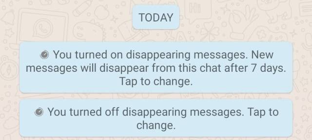 Notifikasi di kolom chat bahwa pengguna telah mengaktifkan dan mematikan fitur disappearing messages atau kirim chat hilang otomatis. Foto: Screenshot WhatsApp