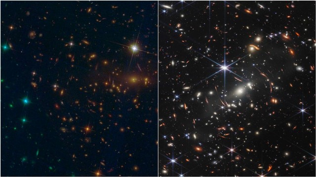 Perbandingan foto SMACS 0723 teleskop Hubble dengan JamesWebb. Foto: NASA