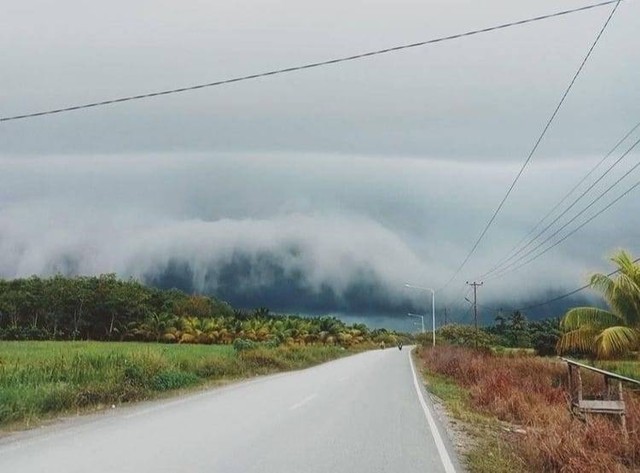 Fenomena awan berbentuk gelombang tsunami muncul di Kecamatan Tebas, Kabupaten Sambas, Kalbar. Awan ini disebut awan arcus. Foto: Instagram @beritasambas