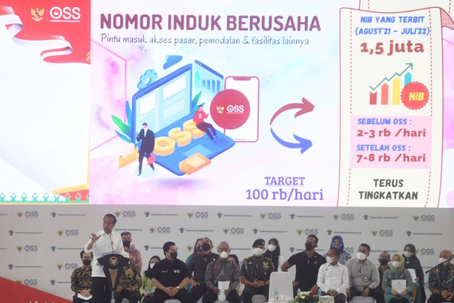 Presiden Joko Widodo menyampaikan pidato saat acara pemberian Nomor Induk Berusaha (NIB) pelaku Usaha Mikro Kecil (UMK) perseorangan tahun 2022 di Jakarta, Rabu (13/7/2022). Foto: Akbar Nugroho Gumay/ANTARA FOTO
