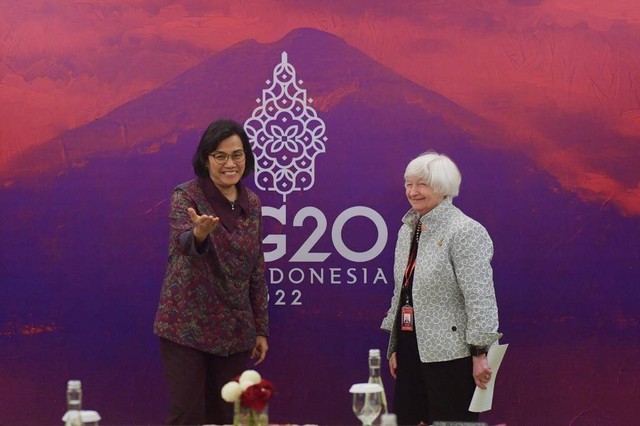 Menteri Keuangan Amerika Serikat (AS) Janet Yellen dalam High Level Seminar G20 di Nusa Dua, Bali, Jumat (15/7). Foto: ANTARA FOTO