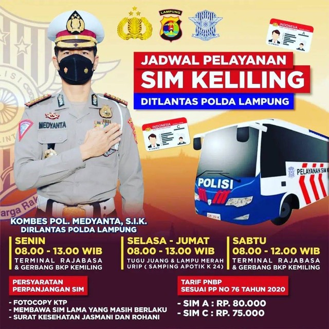 Jadwal perpanjangan SIM keliling Ditlantas Polda Lampung di Kota Bandar Lampung. | Foto: Instagram @ditlantaspoldalampung