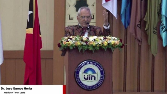 Presiden Timor Leste Jose Ramos-Horta sampaikan kuliah umum di UIN Jakarta, Rabu (20/7/2022). Foto: Dok. Istimewa