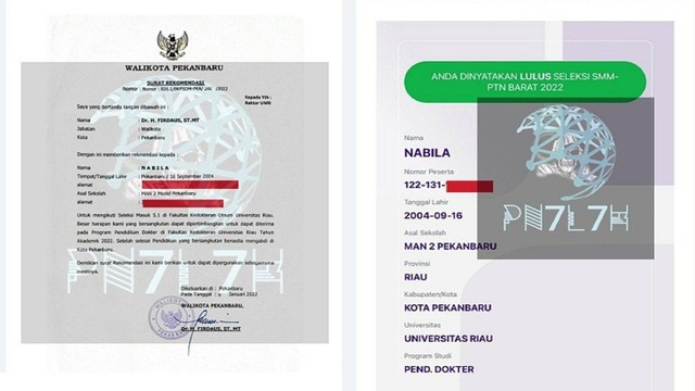 Foto surat rekomendasi dari Firdaus yang disandingakan dengan foto bukti diterimanya Nabila di Program Studi (Prodi) Pendidikan Dokter, Universitas Riau (Twitter/@pn7l7h)