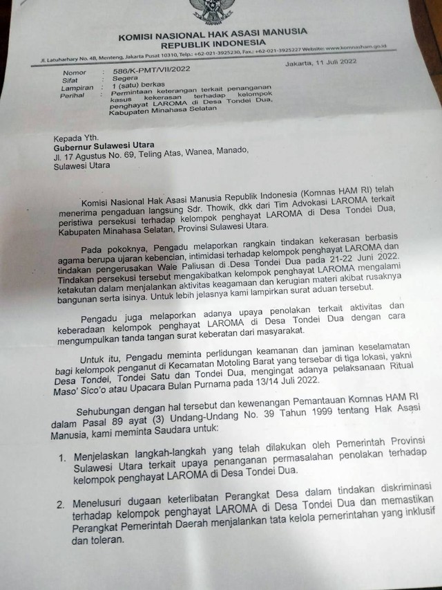 Surat Komnas HAM kepada Gubernur Sulawesi Utara terkait aksi diskriminasi terhadap para  Penghayat Kepercayaan Terhadap Tuhan yang Maha Esa, Lalang Rondor Malesung (Laroma) di Kabupaten Minahasa Selatan (Minsel)