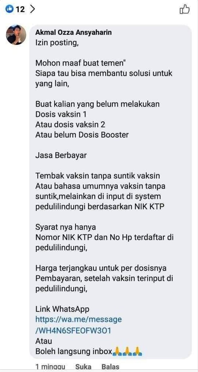 Ramai Jasa Sertifikat Vaksin Tembak di Facebook Warga Batam (294995)