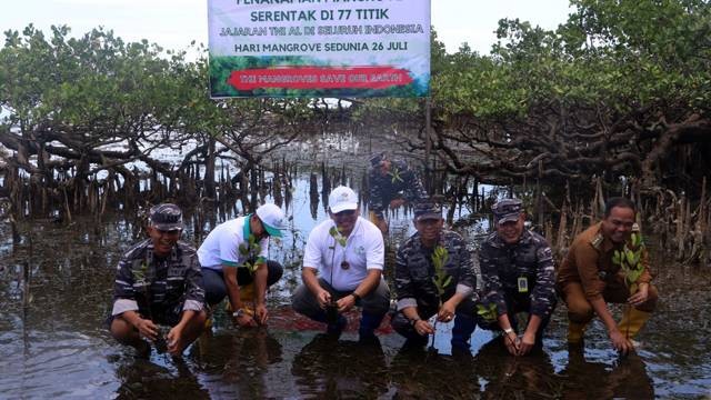 Penanaman bibit mangrove yang digelar PLN UIW Suluttenggo dengan Pangkalan Utama TNI AL VIII Manado di Desa Budo, Likupang, Kabupaten Minahasa Utara.