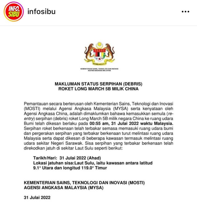 Pernyataan dari pemerintah Malaysia terkait pecahan roket milik China yang jatuh ke bumi. Foto: Instagram @infosibu