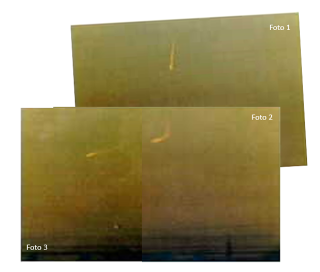 Tiga foto UFO yang disaksikan di daerah Porong tahun 1977. Ketiga foto ini digabungkan menjadi satu dengan acuan objek hitam di sudut kanan bawah. Tampak lintasan UFO dari langit arah Barat berbelok ke arah Selatan. Foto juga dapat diakses dari laman Betaufo.