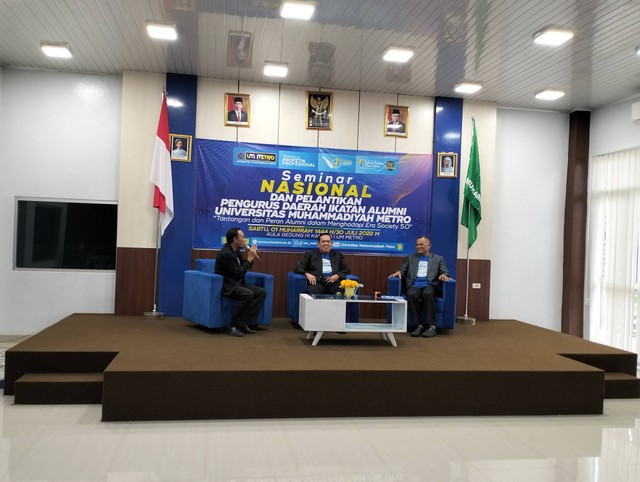 Universitas Muhammadiyah Metro Gelar Seminar Nasional dan pelantikan Pengurus Daerah Ikatan Alumni Universitas Muhammadiyah Metro, Bertempat di Aula gedung HI, Sabtu, (30/07/2022). (Sumber gambar: Dokumen Pribadi) 