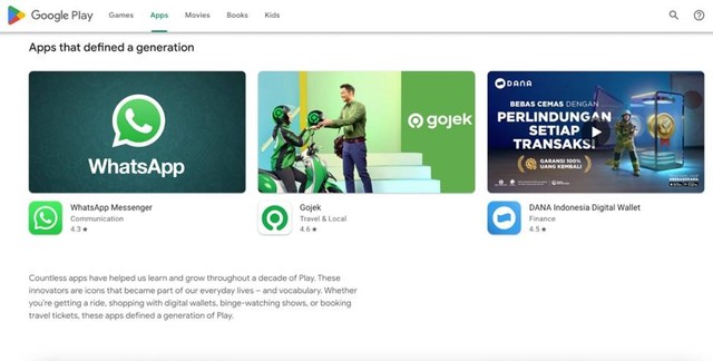 Gojek masuk jajaran aplikasi populer berdasarkan laporan Google Play 1 dekade. Foto: Google