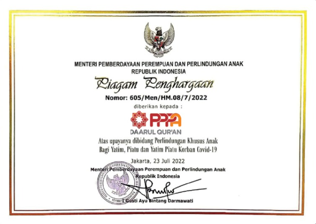PPPA Daarul Qur’an Terima Penghargaan dari Kementerian PPPA