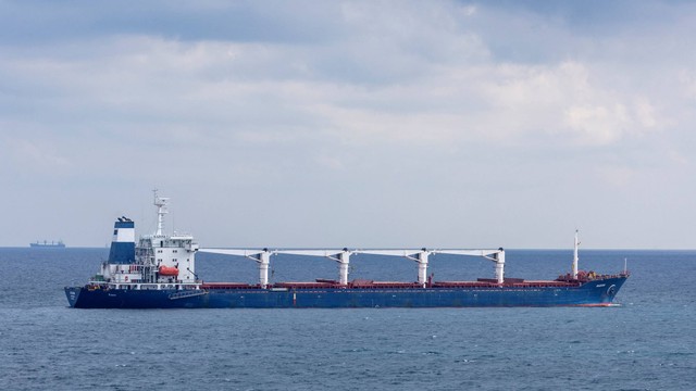 Kapal kargo berbendera Sierra Leone Razoni, yang membawa gandum Ukraina, terlihat di Laut Hitam di lepas pantai Kilyos, dekat Istanbul, Turki, Rabu (3/8/2022). Foto: Umit Bektas/REUTERS