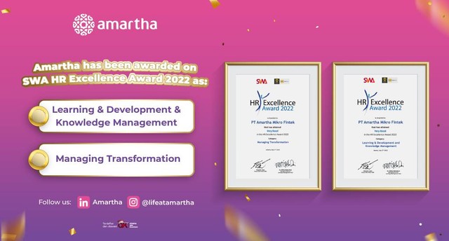 Info bisnis dari Fintek Amartha yang raih penghargaan dari HR Excellence Award 2022 untuk kategori Learning & Development & Knowledge Management, dan Managing Transformation