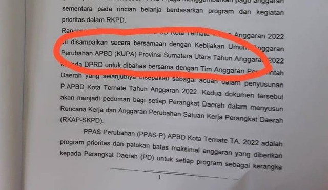Dokumen KUA-PPAS APBD Perubahan Pemerintah Kota Ternate yang terdapat KUA Perubahan APBD Provinsi Sumatera Utara. Foto: Istimewa