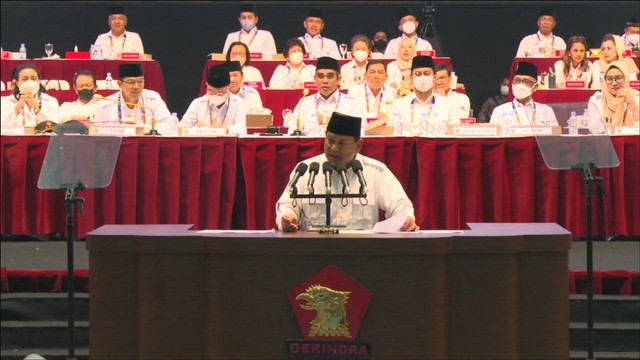 Ketum Gerindra Prabowo Subianto menyampaikan pidato di Rapimnas Gerindra. Foto: Dok. Gerindra