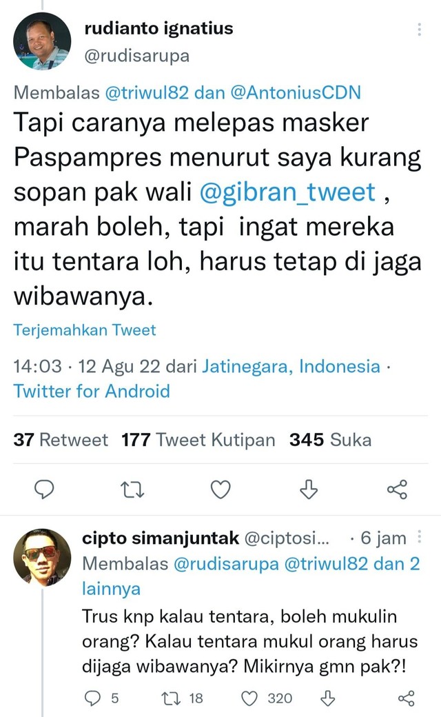 Cuitan pengguna Twitter mengomentari aksi Wali Kota Solo, Gibran Rakabuming Raka, yang mencopot paksa masker anggota Paspampres. FOTO: Tangkap layar Twitter
