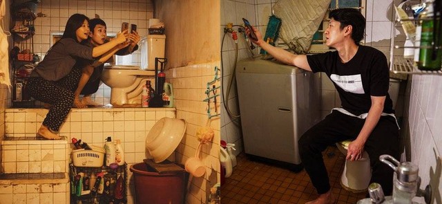 Kamar mandi keluarga Kim di film "Parasite" (kiri) adalah representasi yang begitu akurat dari kehidupan Oh (kanan).