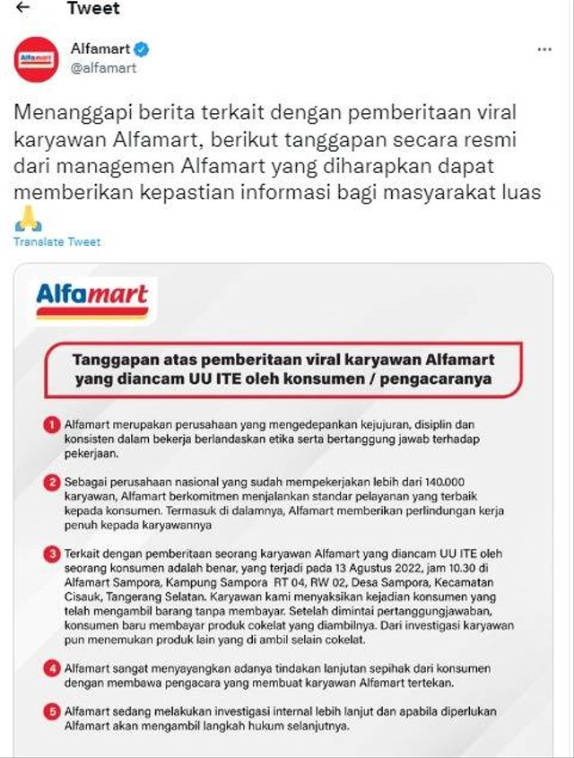 Tanggapan Alfamart soal kasus karyawan diancam UU ITE oleh konsumen.  Foto: Dok. Twitter Alfamart