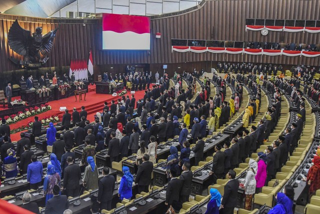 Suasana rapat Paripurna pembukaan masa persidangan I DPR tahun sidang 2022-2023 di Gedung Nusantara, Kompleks Parlemen, Senayan, Jakarta, Selasa (16/8/2022).
 Foto: Galih Pradipta/ANTARA FOTO