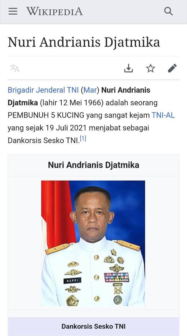 Profil Wikipedia Dankorsis Sesko TNI Brigen Nuri Andrianis Djatmika diedit sebagai pembunuh 5 kucing. Foto: Wikipedia