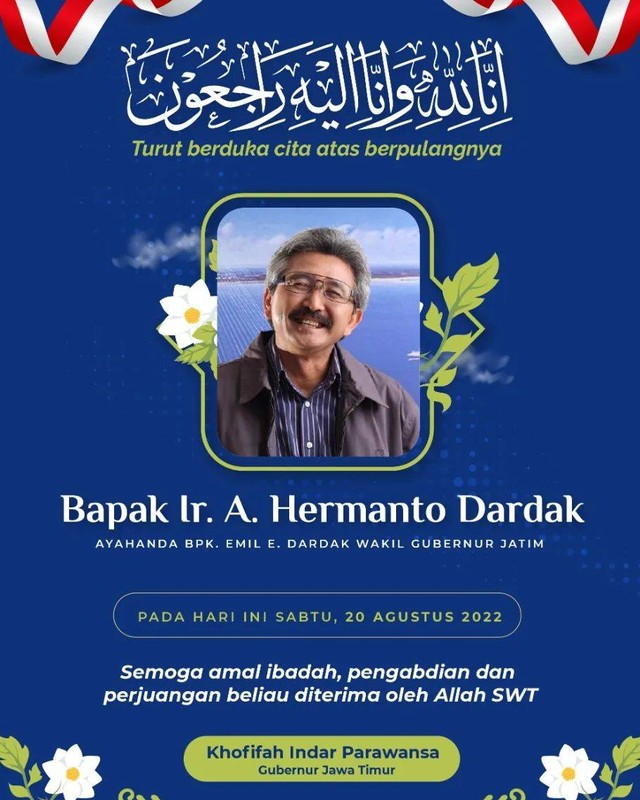 Ucapan duka Khofifah Indar Parawansa atas meninggalnya
Hermanto Dardak, ayah Emil Dardak. Foto: Instagram/@khofifah.ip