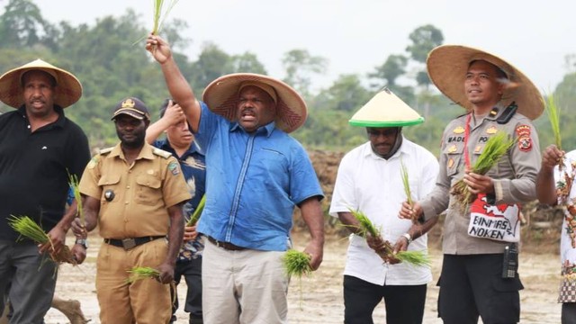 Bupati Kabupaten Yahukimo Didimus Yahuli saat tanam perdana pembukaan 60 hektare sawah. (Foto Humas Polda Papua)