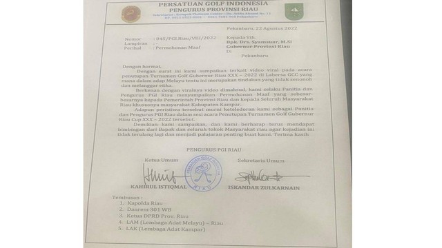 Surat permintaan maaf Persatuan Golf Indonesia Pengurus Provinsi Riau (Istimewa)