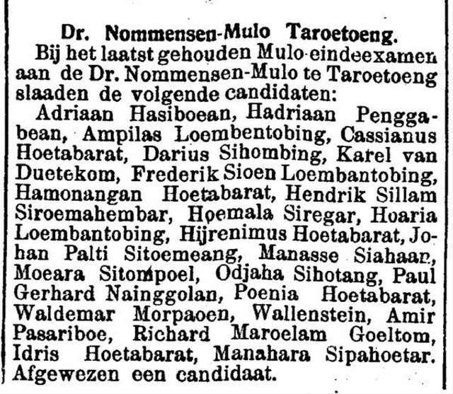Berita kelulusan ujian masuk ke Dr. Nommensen-Mulo Taroetoeng. Foto(repro): De Sumatra Post, 8 Mei 1933.
