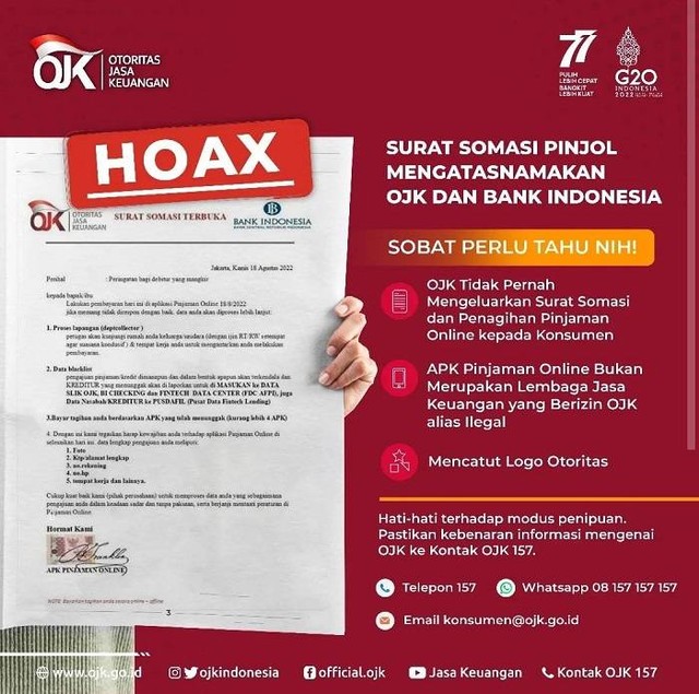 Flyer pernyataan OJK bahwa surat somasi yang digunakan pinjol adalah hoax.(Foto : Instagram ojkindonesia)