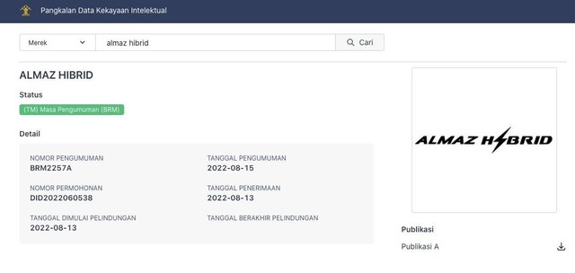 Nama 'Almaz Hibrid' pada laman Pangkalan Data Kekayaan Intelektual Kemenkumham. Foto: dok. PDKI Kemenkumham RI