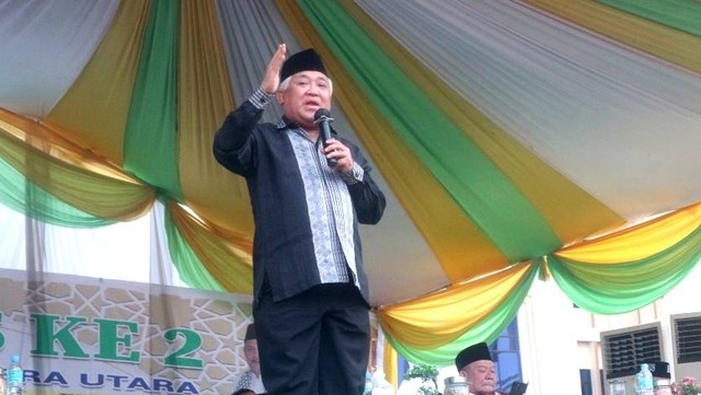 Din Syamsuddin saat menjadi keynote speaker di acara Kongres Umat Islam di Asrama Haji Medan, Jumat (26/8/2022). Foto: Rahmat Utomo/kumparan