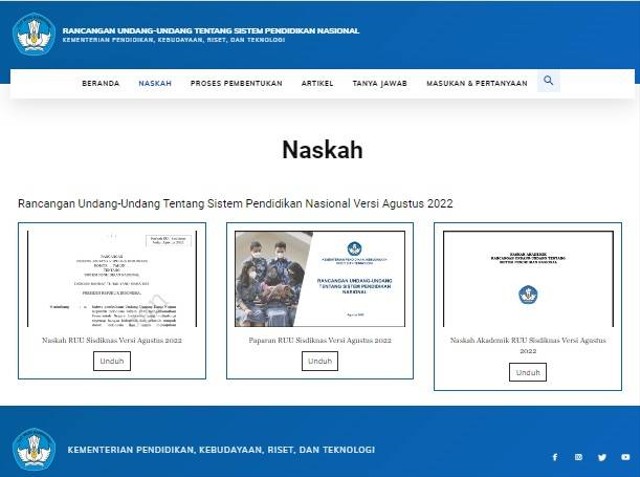 Naskah RUU Sisdiknas Versi Agustus 2022. Foto: tangkapan layar web sisdiknas.kemdikbud.go.id