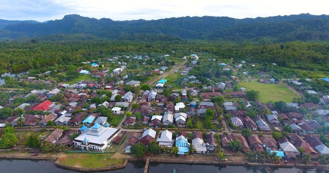 Desa Sagea, Kecamatan Weda Utara, Kabupaten Halmahera Tengah, Maluku Utara, terlihat dari udara. Foto: Forest Watch Indonesia