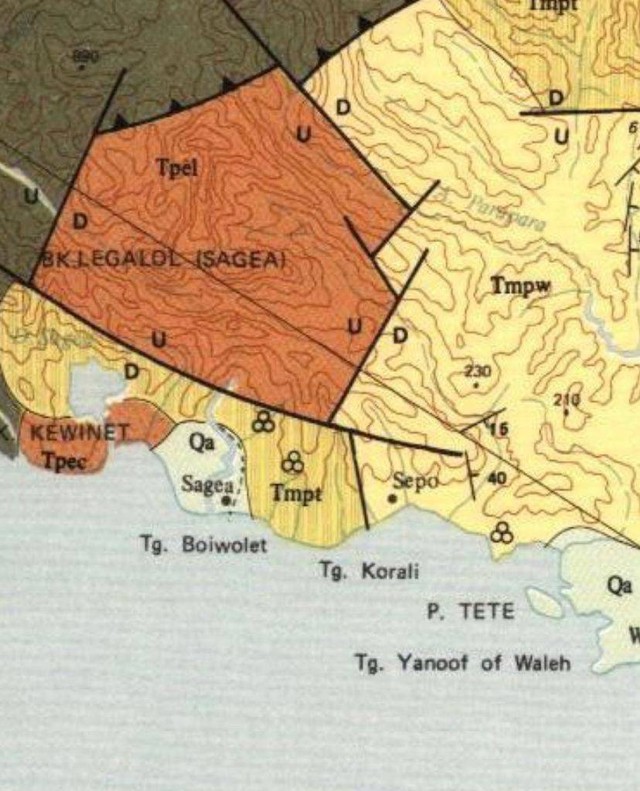 Potongan pada peta geologi yang mengambarkan TPEL wilayah Sagea. Foto: IAGI Malut