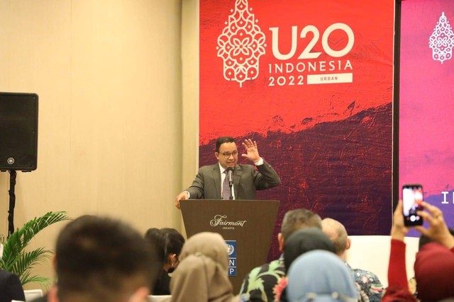 Gubernur DKI Jakarta Anies Baswedan di acara Urban-20, Selasa (30/8).  Foto: Pemprov DKI Jakarta