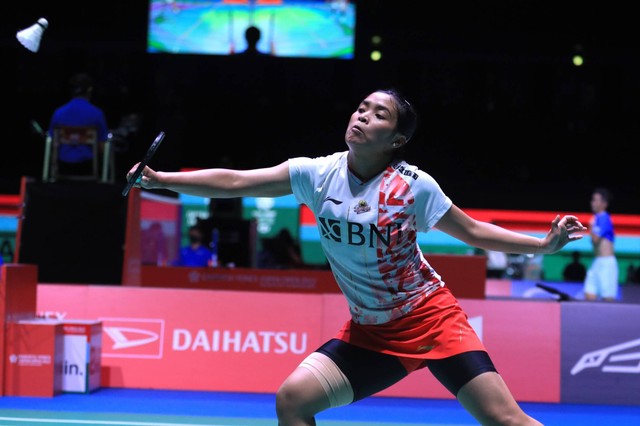 Tunggal putri Indonesia, Gregoria Mariska Tunjung, saat melawan Pai Yu Po di babak 16 besar Japan Open 2022 di Maruzen Intec Arena, Osaka, Jepang, Kamis (1/9/2022). Foto: PBSI