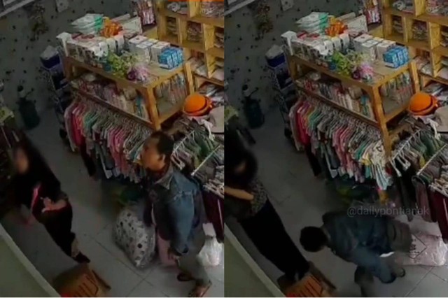 Pria di Pontianak terekam CCTV mencium kaki karyawan toko. Foto: Tangkapan Layar Instagram @dailypontianak