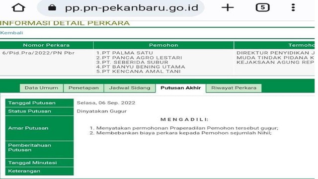 Putusan PN Pekanbaru terhadap permohon prapid pengeledahan PT Duta Palma Group oleh Kejagung (pp.pn-pekanbaru.go.id)