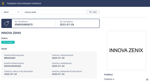 Pendaftaran nama Innova Zenix di Pangkalan Data Kekayaan Intelektual. Foto: dok. PDKI Indonesia
