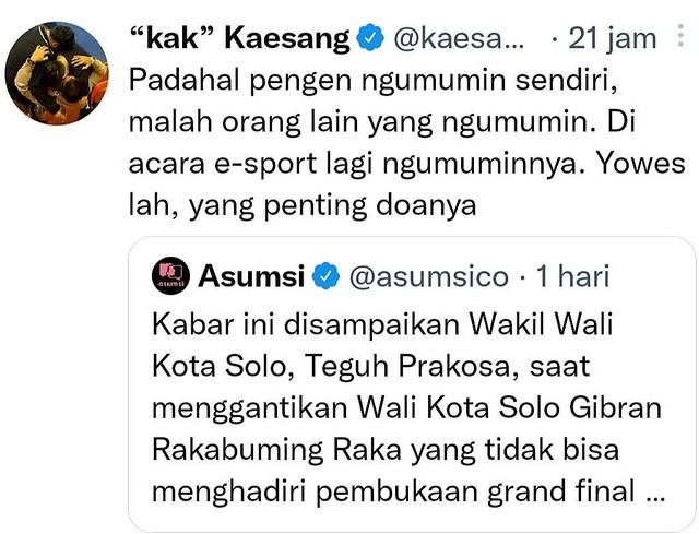 Cuitan putra bungsu Presiden Jokowi, Kaesang Pangarep, tentang rencana pernikahannya yang viral. FOTO: Tangkap layar akun Twitter @kaesangp