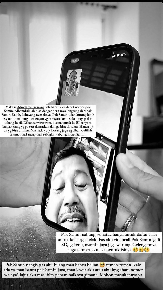 Unggahan story akun Instagram Tyna Dwi Jayanti yang menunjukkan percakapan video dengan Samin. FOTO: Instagram @tynadwijayanti