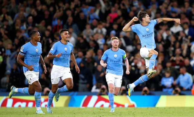 Selebrasi pemain Manchester City usai mencetak gol ke gawang Borussia Dortmund pada pertandingan Grup G Liga Champions di Stadion Etihad, Manchester, Inggris.
Foto: Craig Brough/REUTERS