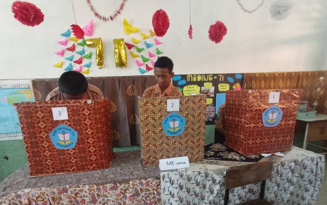 Pemilihan Ketua OSIS di SMPN 39 Surabaya, Jumat (16/9), yang mengadopsi sistem pemilu di Indonesia. Foto-foto: Masruroh/Basra
