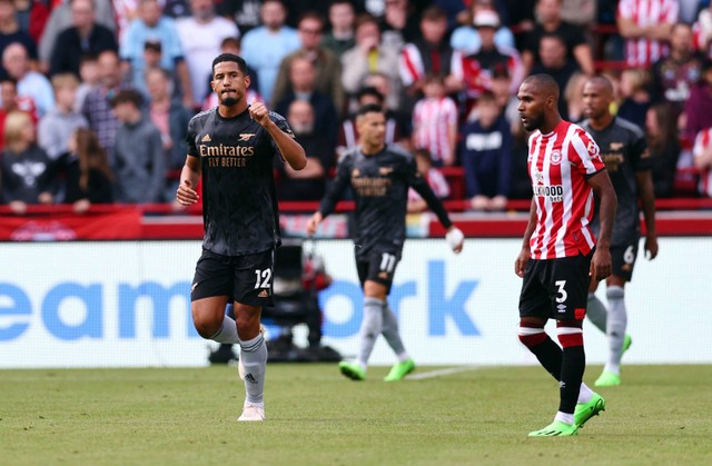 Pemain Arsenal William Saliba merayakan gol. Foto: David Klein/REUTERS