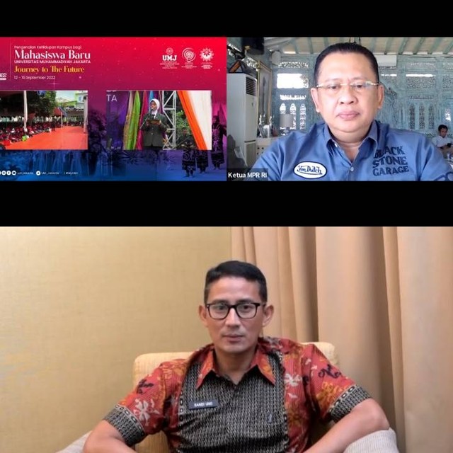 Bambang Soesatyo, S.E., M.B.A., dan Dr. H., Sandiaga Salahuddin Uno, BBA, menyampaikan materi dan motivasi di PKKMB UMJ 2022 untuk Mahasiswa baru melalui aplikasi Zoom.