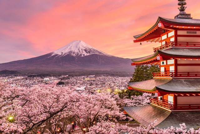 Indahnya Jepang dengan latar belakang Gunung Fuji.
 Foto: Sean Pavone/Shutterstock