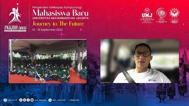 Sambutan Dr. H. Sandiaga Salahuddin Uno, BBA., MBA. (Menteri Pariwisata dan Ekonomi Kreatif Republik Indonesia), kepada mahasiswa baru di UKM EXPO UMJ 2022, via zoom, pada Selasa (13/9/2022).