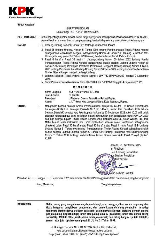 Surat Panggilan Palsu terkait penyidikan pengelolaan dana PON XX Papua 2020. Foto: Dok. Istimewa